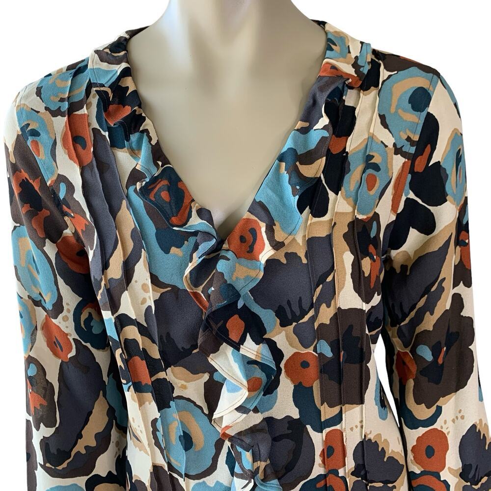 i.e. 100% Silk Floral Ruffled Long Sleeve Chiffon Tops Blouse Size L Multicolor - Picture 4 of 16